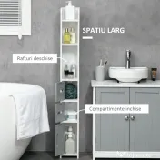 Kleankin Coloana de baie cu rafturi si dulapuri, dulap de baie inalt din lemn care economiseste spatiu, 15x17x120cm, alb si gri 