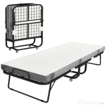 HOMCOM Pat Pliabil Single 90x200 cm cu Saltea de 10 cm Grosime, Cadru din Metal și Roți cu Frână, Negru | Aosom Romania