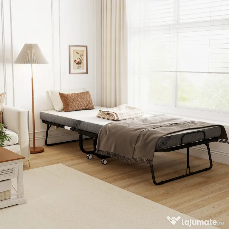 HOMCOM Pat Pliabil Single 90x200 cm cu Saltea de 10 cm Grosime, Cadru din Metal și Roți cu Frână, Negru | Aosom Romania