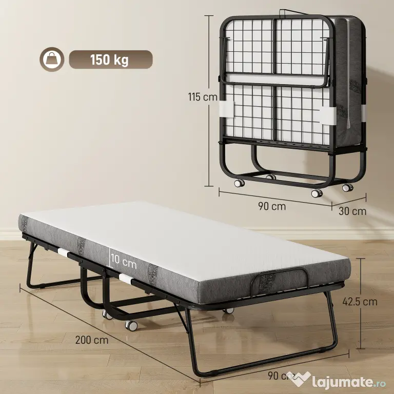 HOMCOM Pat Pliabil Single 90x200 cm cu Saltea de 10 cm Grosime, Cadru din Metal și Roți cu Frână, Negru | Aosom Romania