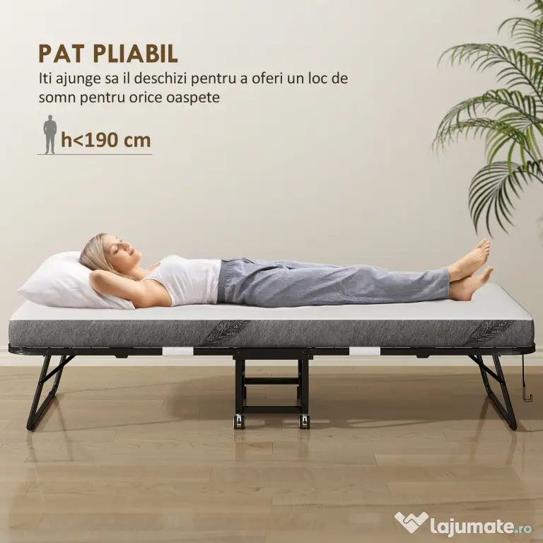 HOMCOM Pat Pliabil Single 90x200 cm cu Saltea de 10 cm Grosime, Cadru din Metal și Roți cu Frână, Negru | Aosom Romania