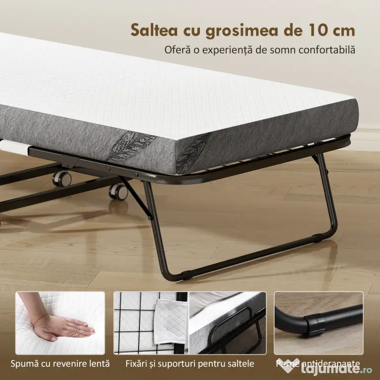 HOMCOM Pat Pliabil Single 90x200 cm cu Saltea de 10 cm Grosime, Cadru din Metal și Roți cu Frână, Negru | Aosom Romania