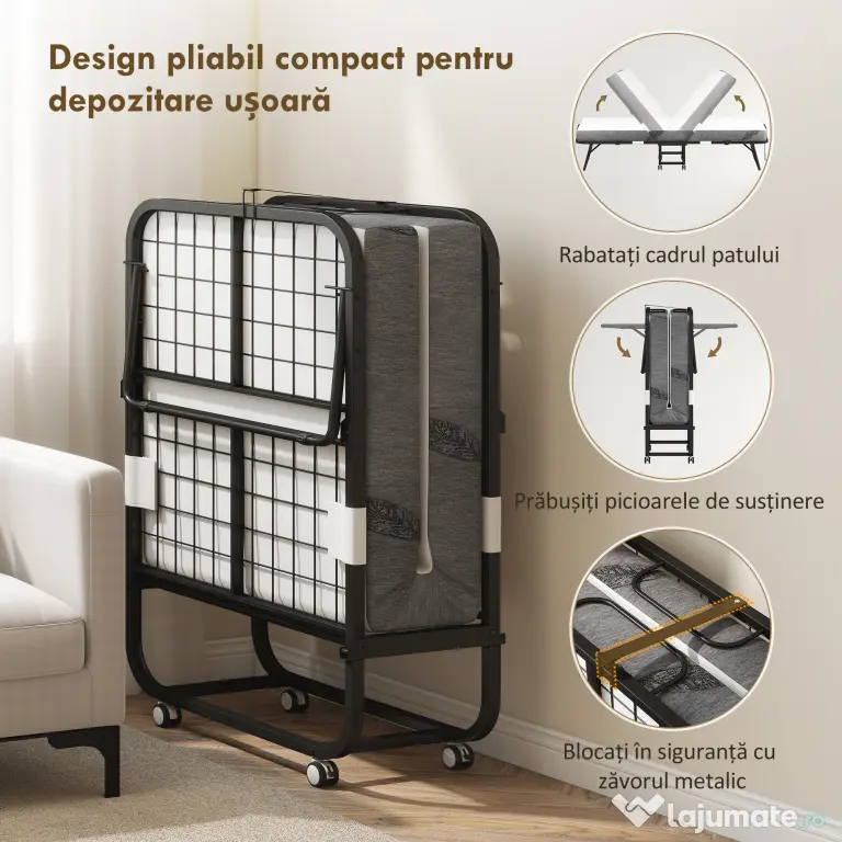 HOMCOM Pat Pliabil Single 90x200 cm cu Saltea de 10 cm Grosime, Cadru din Metal și Roți cu Frână, Negru | Aosom Romania