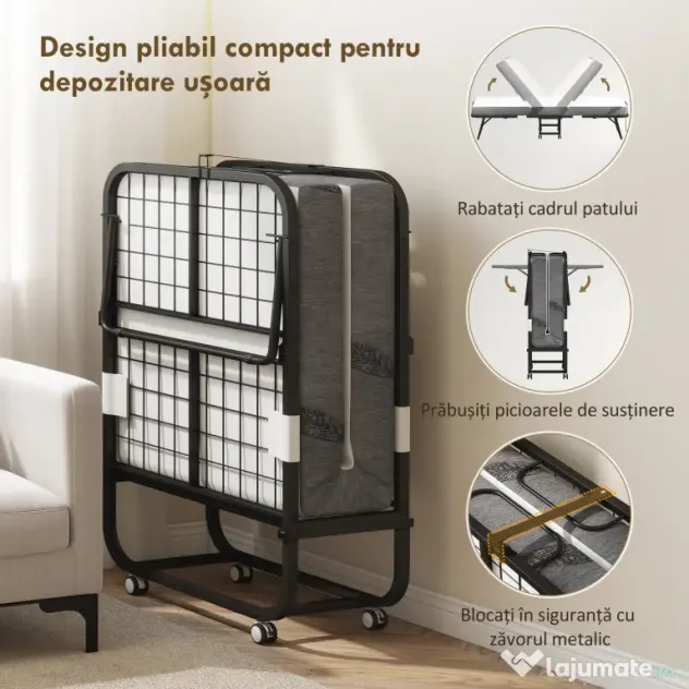 HOMCOM Pat Pliabil Single 90x200 cm cu Saltea de 10 cm Grosime, Cadru din Metal și Roți cu Frână, Negru | Aosom Romania