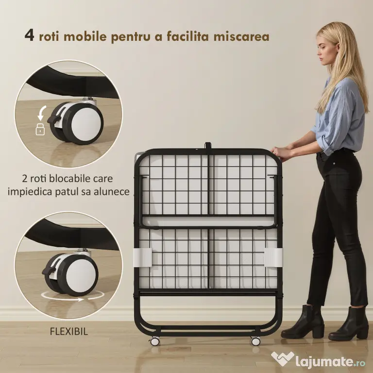 HOMCOM Pat Pliabil Single 90x200 cm cu Saltea de 10 cm Grosime, Cadru din Metal și Roți cu Frână, Negru | Aosom Romania