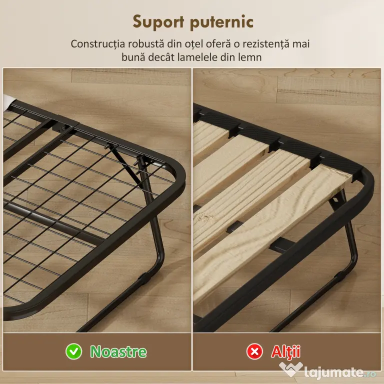 HOMCOM Pat Pliabil Single 90x200 cm cu Saltea de 10 cm Grosime, Cadru din Metal și Roți cu Frână, Negru | Aosom Romania