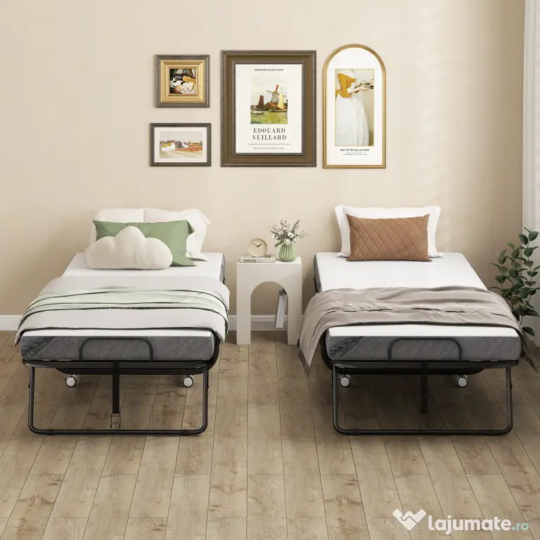HOMCOM Pat Pliabil Single 90x200 cm cu Saltea de 10 cm Grosime, Cadru din Metal și Roți cu Frână, Negru | Aosom Romania