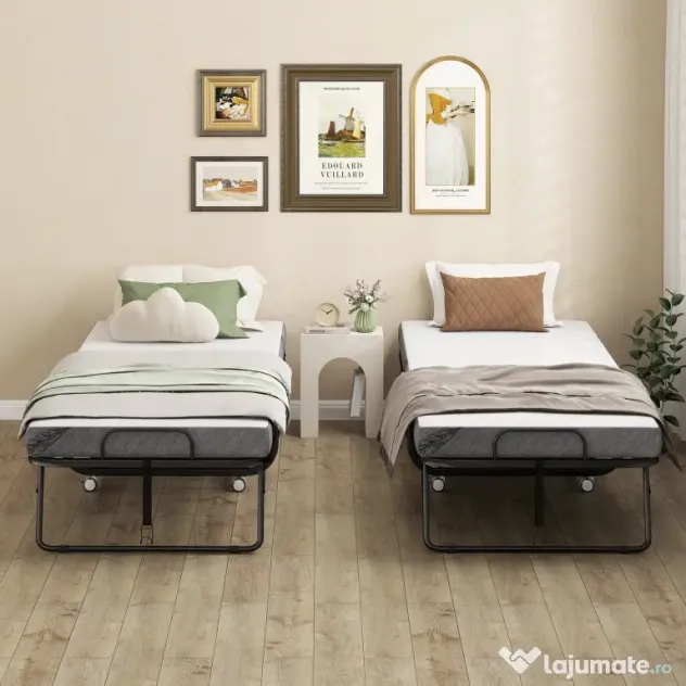 HOMCOM Pat Pliabil Single 90x200 cm cu Saltea de 10 cm Grosime, Cadru din Metal și Roți cu Frână, Negru | Aosom Romania
