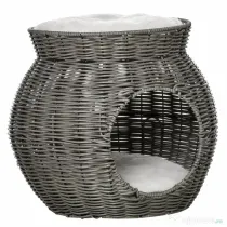 PawHut Coș pentru Pisici din Rattan PE cu 2 Niveluri, Zonă de Zgâriat și Cușcă, Perne de Plus Lavabile, Diametru Φ50x43.5cm, Gri Închis | Aosom Romania