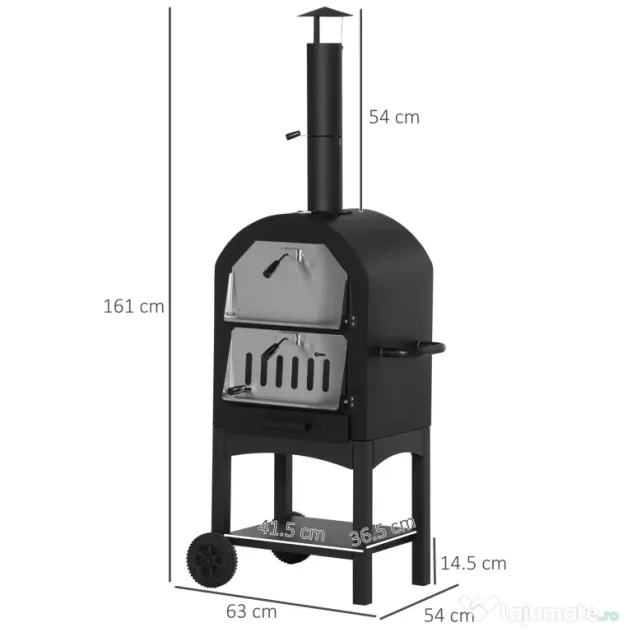 Outsunny Cuptor Portabil cu Cărbune pentru Pizza și Barbecue, Cuptor cu Lemne, Coș de Fum și Raft Inferior, 63x54x161 cm, Negru | Aosom Romania