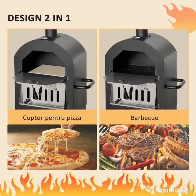 Outsunny Cuptor Portabil cu Cărbune pentru Pizza și Barbecue, Cuptor cu Lemne, Coș de Fum și Raft Inferior, 63x54x161 cm, Negru | Aosom Romania