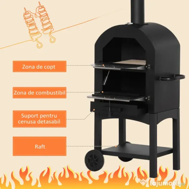 Outsunny Cuptor Portabil cu Cărbune pentru Pizza și Barbecue, Cuptor cu Lemne, Coș de Fum și Raft Inferior, 63x54x161 cm, Negru | Aosom Romania