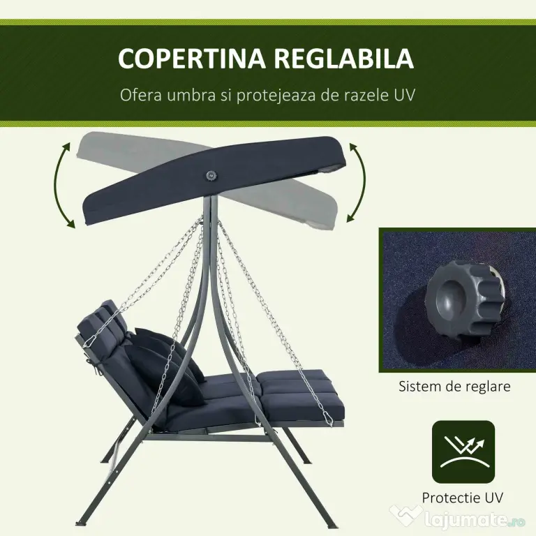 Outsunny Balansoar de Grădină cu 3 Locuri, Copertină Reglabilă și 3 Perne, 198x118x168 cm, Albastru | Aosom Romania