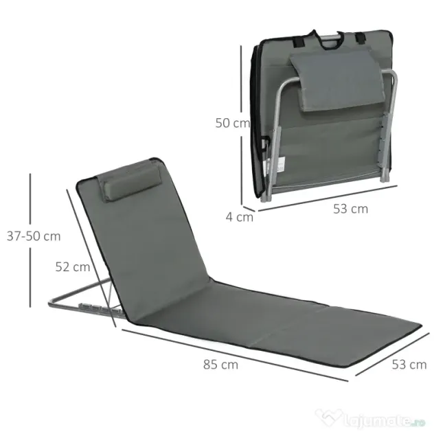 Outsunny Set 2 Saltele de Plaja Pliabile cu Spatar Reglabil pe 5 Niveluri, Saltele de Plaja cu Tetiera si Geanta de Transport, Gri
