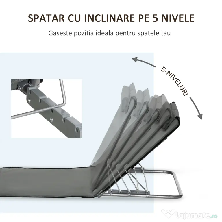 Outsunny Set 2 Saltele de Plaja Pliabile cu Spatar Reglabil pe 5 Niveluri, Saltele de Plaja cu Tetiera si Geanta de Transport, Gri