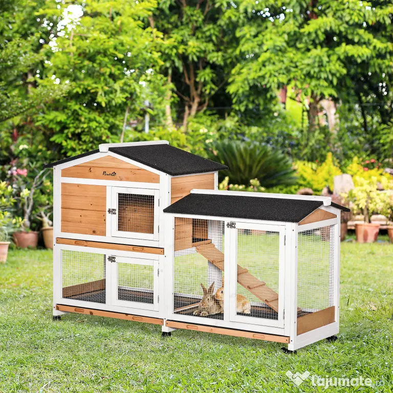 PawHut Cușcă de Exterior cu 2 Nivele, 6 Roți, Tavă Detașabilă, Rampă și Plasă Metalică, 157,4x53x99,5 cm, Galben | Aosom Romania