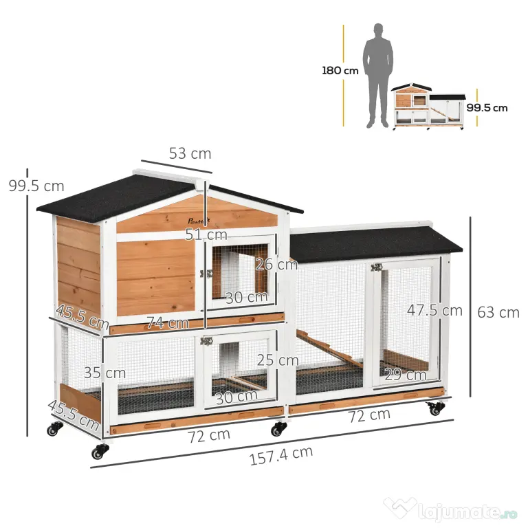PawHut Cușcă de Exterior cu 2 Nivele, 6 Roți, Tavă Detașabilă, Rampă și Plasă Metalică, 157,4x53x99,5 cm, Galben | Aosom Romania