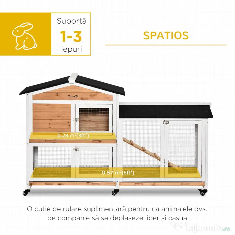 PawHut Cușcă de Exterior cu 2 Nivele, 6 Roți, Tavă Detașabilă, Rampă și Plasă Metalică, 157,4x53x99,5 cm, Galben | Aosom Romania