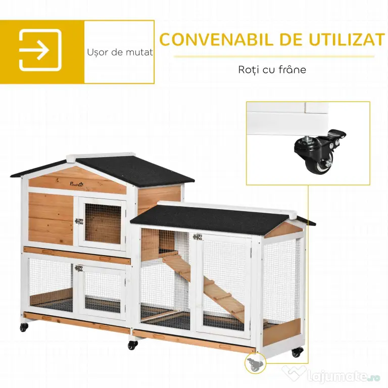 PawHut Cușcă de Exterior cu 2 Nivele, 6 Roți, Tavă Detașabilă, Rampă și Plasă Metalică, 157,4x53x99,5 cm, Galben | Aosom Romania