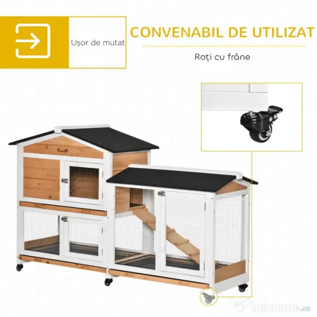 PawHut Cușcă de Exterior cu 2 Nivele, 6 Roți, Tavă Detașabilă, Rampă și Plasă Metalică, 157,4x53x99,5 cm, Galben | Aosom Romania