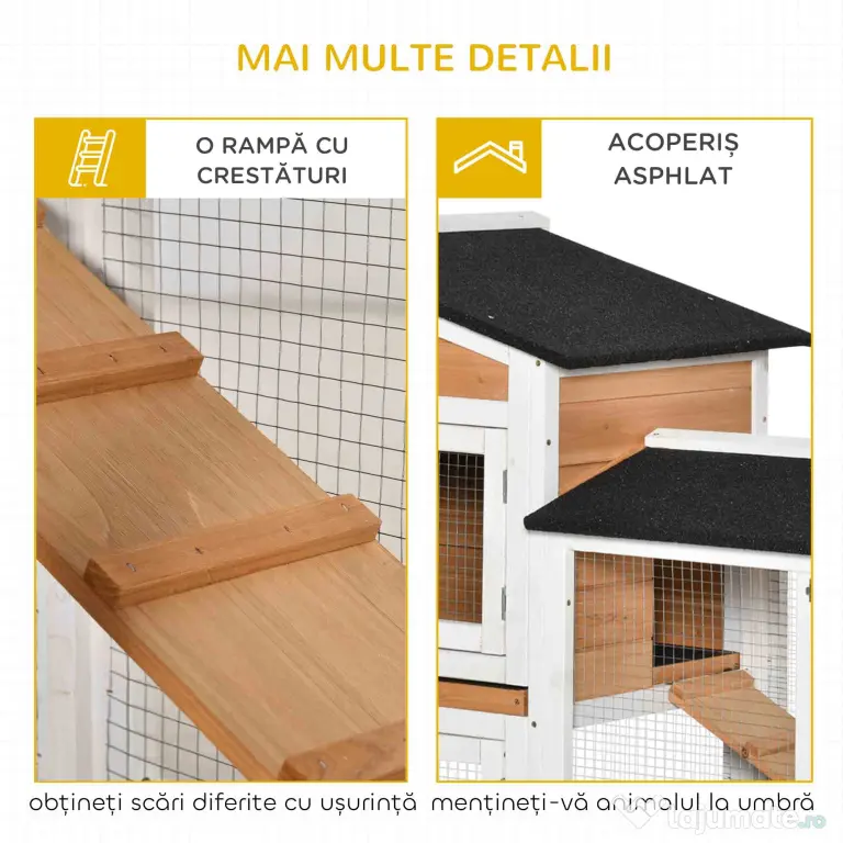 PawHut Cușcă de Exterior cu 2 Nivele, 6 Roți, Tavă Detașabilă, Rampă și Plasă Metalică, 157,4x53x99,5 cm, Galben | Aosom Romania