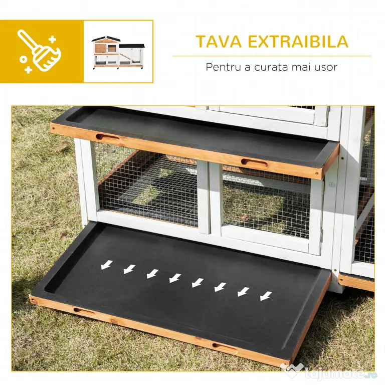 PawHut Cușcă de Exterior cu 2 Nivele, 6 Roți, Tavă Detașabilă, Rampă și Plasă Metalică, 157,4x53x99,5 cm, Galben | Aosom Romania
