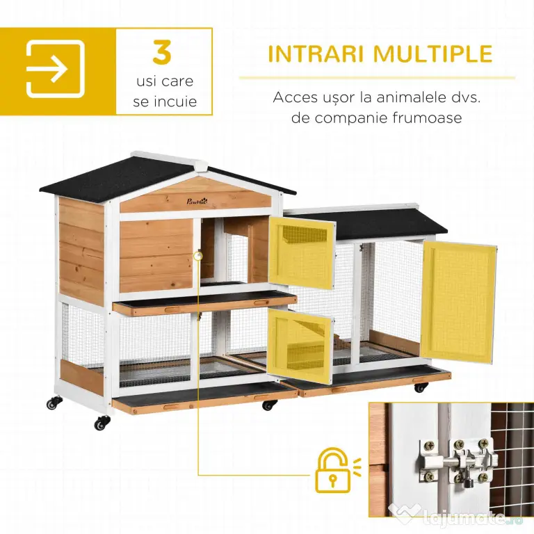 PawHut Cușcă de Exterior cu 2 Nivele, 6 Roți, Tavă Detașabilă, Rampă și Plasă Metalică, 157,4x53x99,5 cm, Galben | Aosom Romania