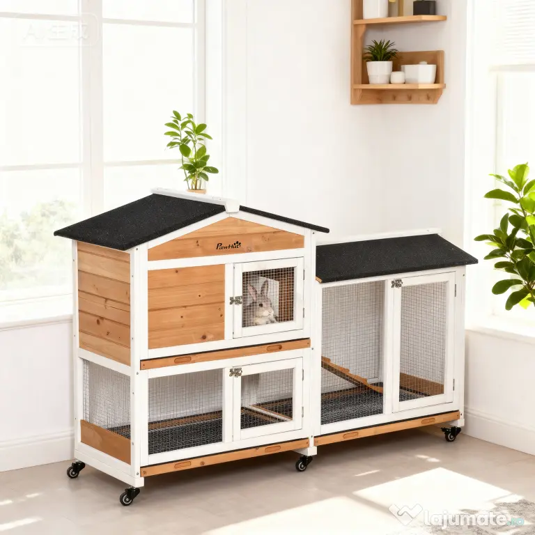 PawHut Cușcă de Exterior cu 2 Nivele, 6 Roți, Tavă Detașabilă, Rampă și Plasă Metalică, 157,4x53x99,5 cm, Galben | Aosom Romania