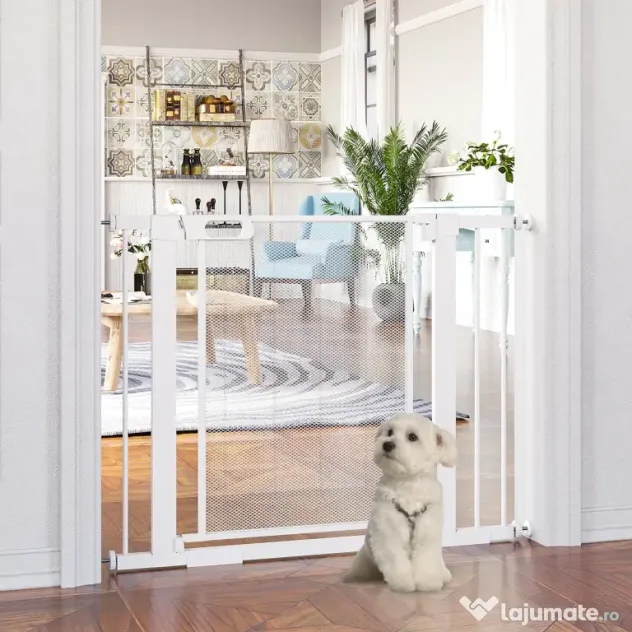 PawHut Barieră de Securitate Autoînchidere pentru Uși și Scări, Poartă de Protecție pentru Animale, Reglabilă 75-103 cm, Alb | Aosom Romania
