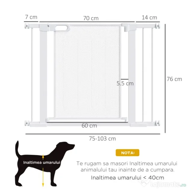 PawHut Barieră de Securitate Autoînchidere pentru Uși și Scări, Poartă de Protecție pentru Animale, Reglabilă 75-103 cm, Alb | Aosom Romania