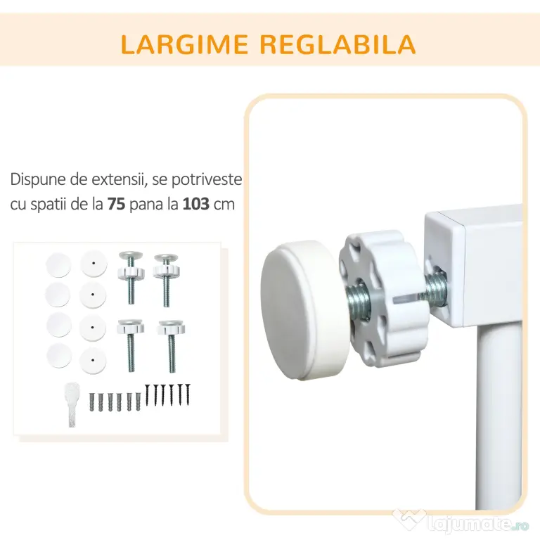 PawHut Barieră de Securitate Autoînchidere pentru Uși și Scări, Poartă de Protecție pentru Animale, Reglabilă 75-103 cm, Alb | Aosom Romania