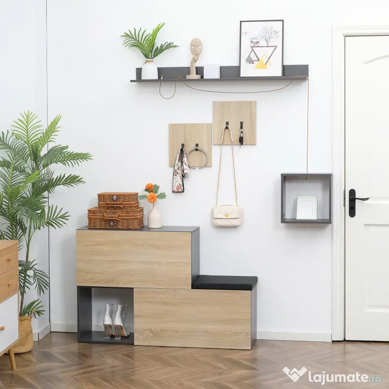 HOMCOM Organizator pentru Hol cu Bancă pentru Pantofi și Cuier, Design Modern cu Suport pentru Haine și Raft, Gri și Natural | Aosom Romania