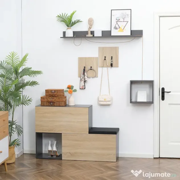 HOMCOM Organizator pentru Hol cu Bancă pentru Pantofi și Cuier, Design Modern cu Suport pentru Haine și Raft, Gri și Natural | Aosom Romania