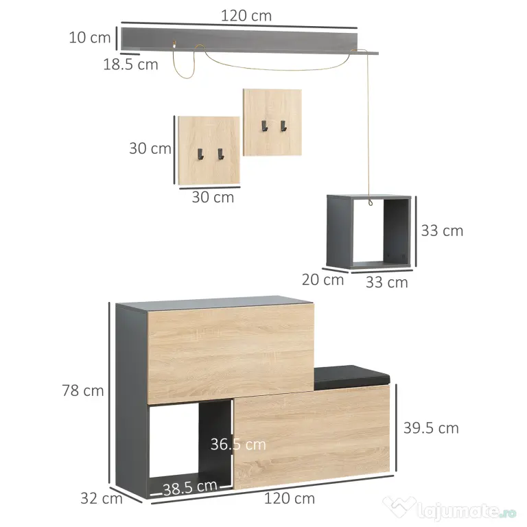 HOMCOM Organizator pentru Hol cu Bancă pentru Pantofi și Cuier, Design Modern cu Suport pentru Haine și Raft, Gri și Natural | Aosom Romania