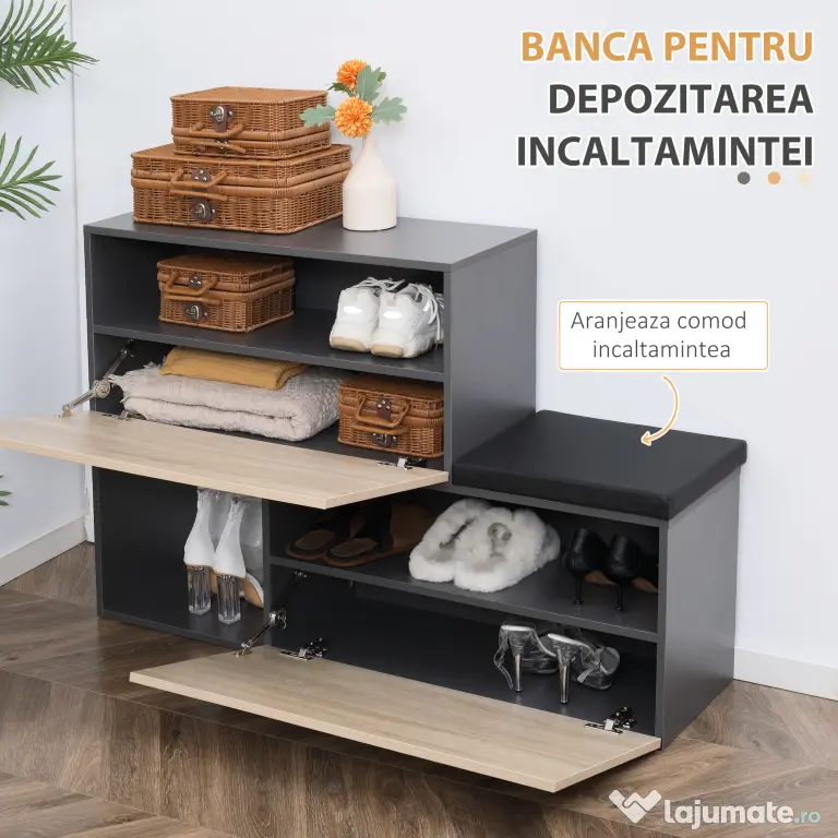 HOMCOM Organizator pentru Hol cu Bancă pentru Pantofi și Cuier, Design Modern cu Suport pentru Haine și Raft, Gri și Natural | Aosom Romania