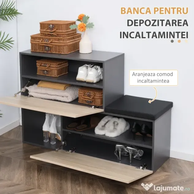 HOMCOM Organizator pentru Hol cu Bancă pentru Pantofi și Cuier, Design Modern cu Suport pentru Haine și Raft, Gri și Natural | Aosom Romania