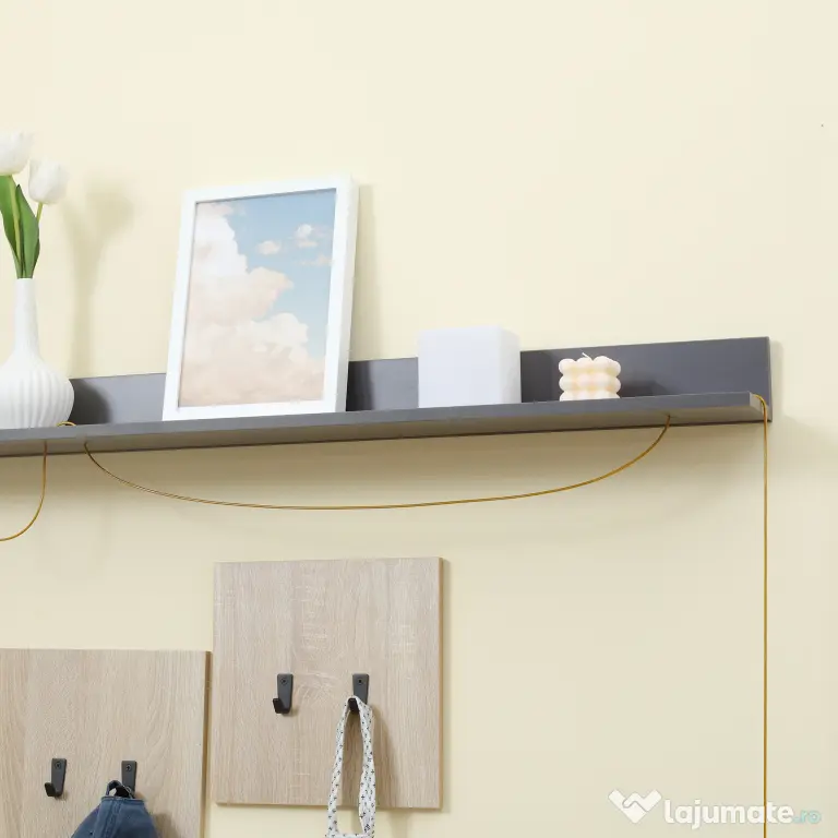 HOMCOM Organizator pentru Hol cu Bancă pentru Pantofi și Cuier, Design Modern cu Suport pentru Haine și Raft, Gri și Natural | Aosom Romania