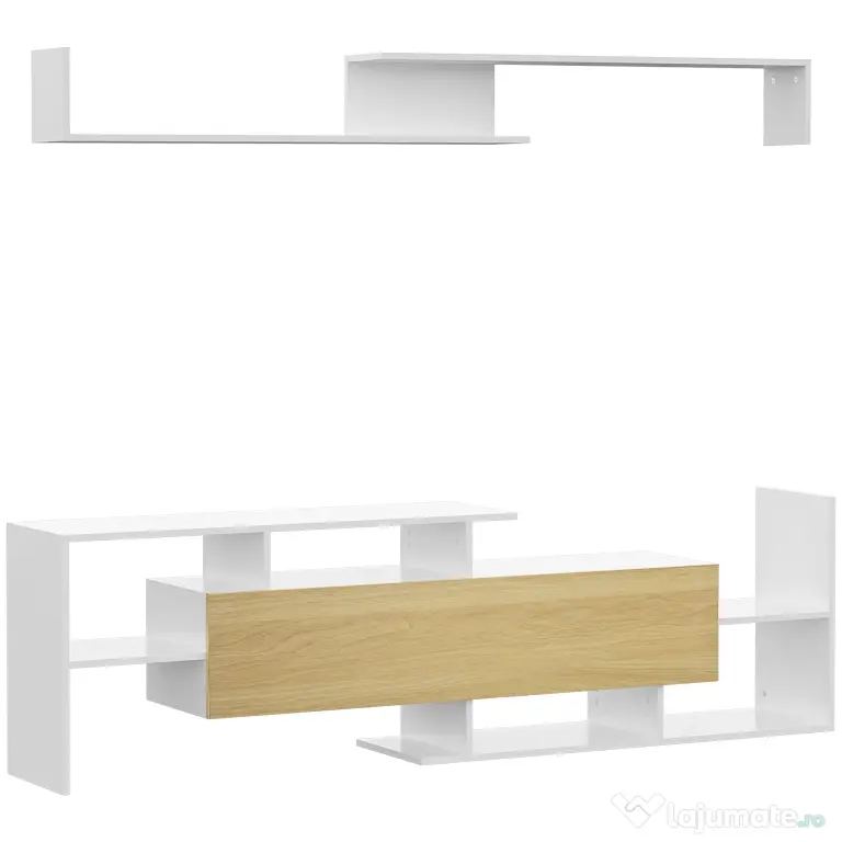 HOMCOM Dulap TV cu Raft de Perete, Rafturi Deschise și Dulăpior din Lemn, Mobilier TV Modern, 153,6x25x42 cm, Alb | Aosom Romania