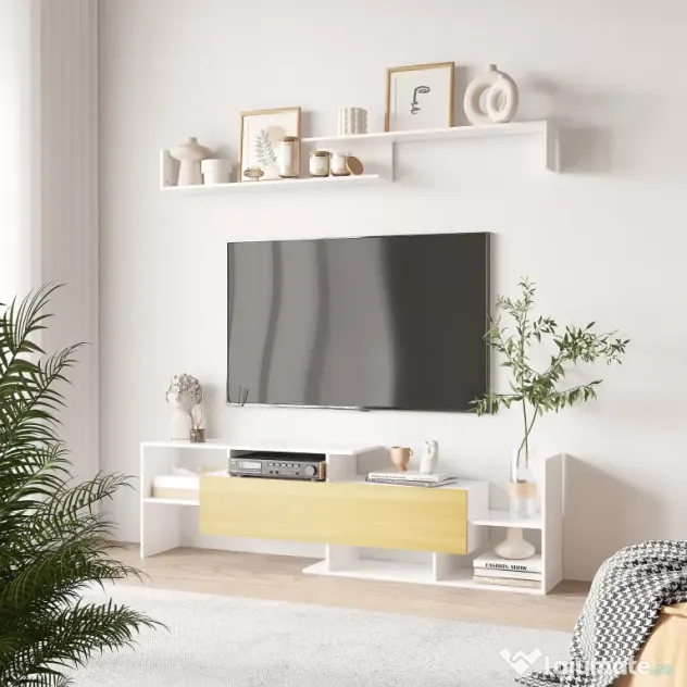 HOMCOM Dulap TV cu Raft de Perete, Rafturi Deschise și Dulăpior din Lemn, Mobilier TV Modern, 153,6x25x42 cm, Alb | Aosom Romania