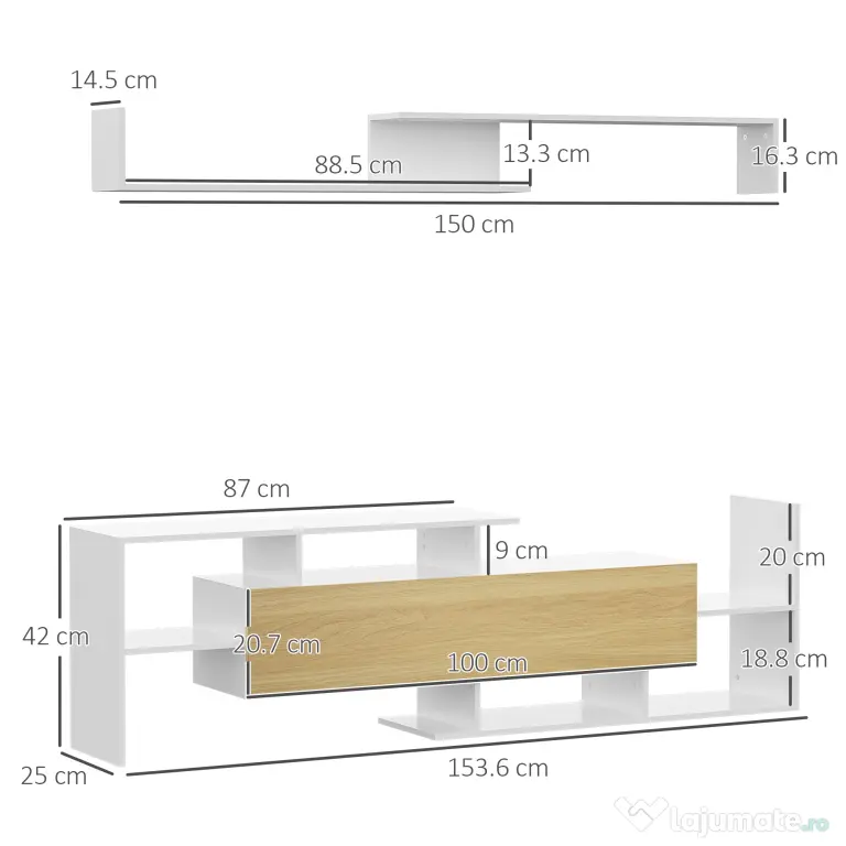 HOMCOM Dulap TV cu Raft de Perete, Rafturi Deschise și Dulăpior din Lemn, Mobilier TV Modern, 153,6x25x42 cm, Alb | Aosom Romania