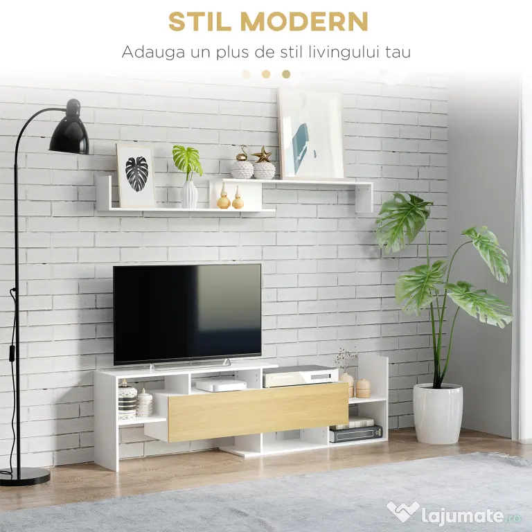 HOMCOM Dulap TV cu Raft de Perete, Rafturi Deschise și Dulăpior din Lemn, Mobilier TV Modern, 153,6x25x42 cm, Alb | Aosom Romania