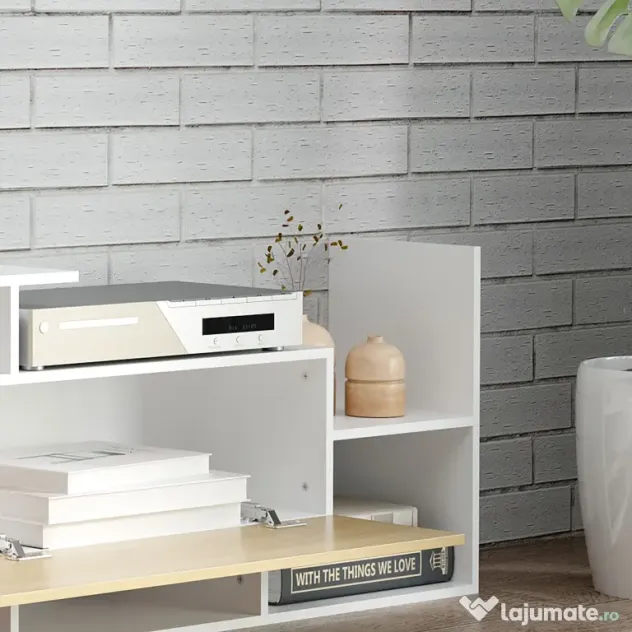 HOMCOM Dulap TV cu Raft de Perete, Rafturi Deschise și Dulăpior din Lemn, Mobilier TV Modern, 153,6x25x42 cm, Alb | Aosom Romania