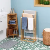 HOMCOM Suport pentru prosoape din bambus cu 3 bare, suport pentru prosoape pe trei niveluri care economiseste spatiu pentru baie si spalatorie, natural