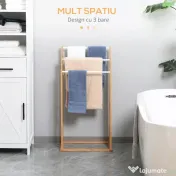 HOMCOM Suport pentru prosoape din bambus cu 3 bare, suport pentru prosoape pe trei niveluri care economiseste spatiu pentru baie si spalatorie, natural