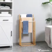 HOMCOM Suport pentru prosoape din bambus cu 3 bare, suport pentru prosoape pe trei niveluri care economiseste spatiu pentru baie si spalatorie, natural