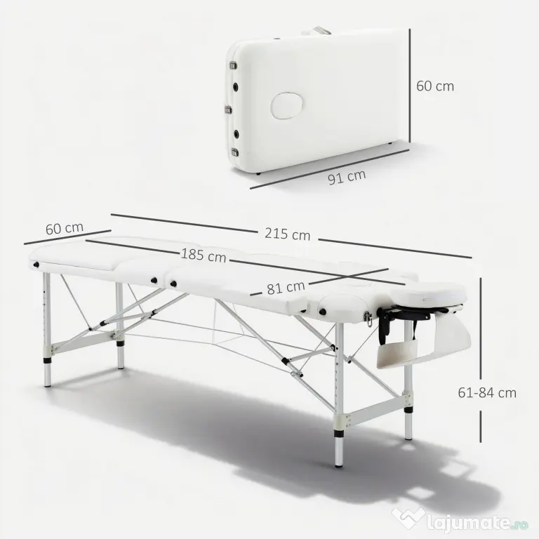 Masa de masaj portabila, pliabila si profesionala din aluminiu HOMCOM pentru cosmetician, terapeut, SPA, alb, 215x60x61-84cm | Aosom Romania