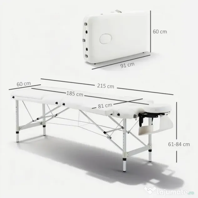 Masa de masaj portabila, pliabila si profesionala din aluminiu HOMCOM pentru cosmetician, terapeut, SPA, alb, 215x60x61-84cm | Aosom Romania
