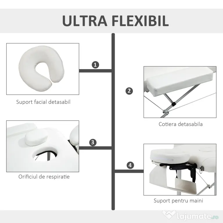 Masa de masaj portabila, pliabila si profesionala din aluminiu HOMCOM pentru cosmetician, terapeut, SPA, alb, 215x60x61-84cm | Aosom Romania