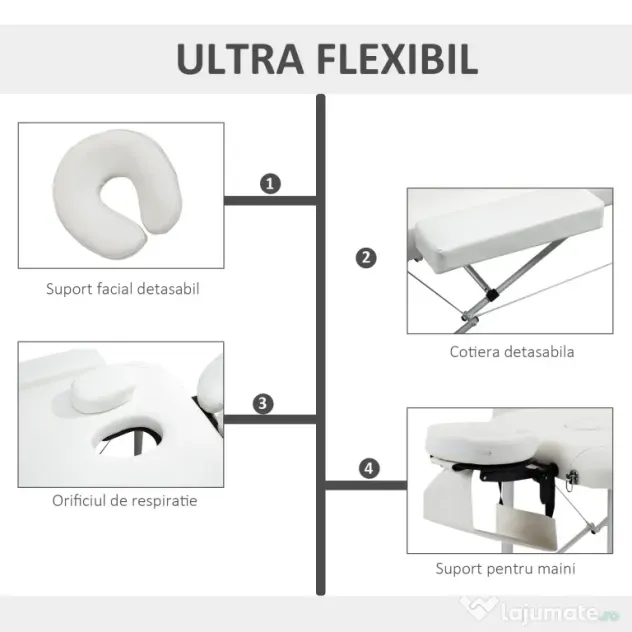 Masa de masaj portabila, pliabila si profesionala din aluminiu HOMCOM pentru cosmetician, terapeut, SPA, alb, 215x60x61-84cm | Aosom Romania