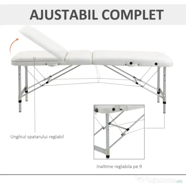 Masa de masaj portabila, pliabila si profesionala din aluminiu HOMCOM pentru cosmetician, terapeut, SPA, alb, 215x60x61-84cm | Aosom Romania